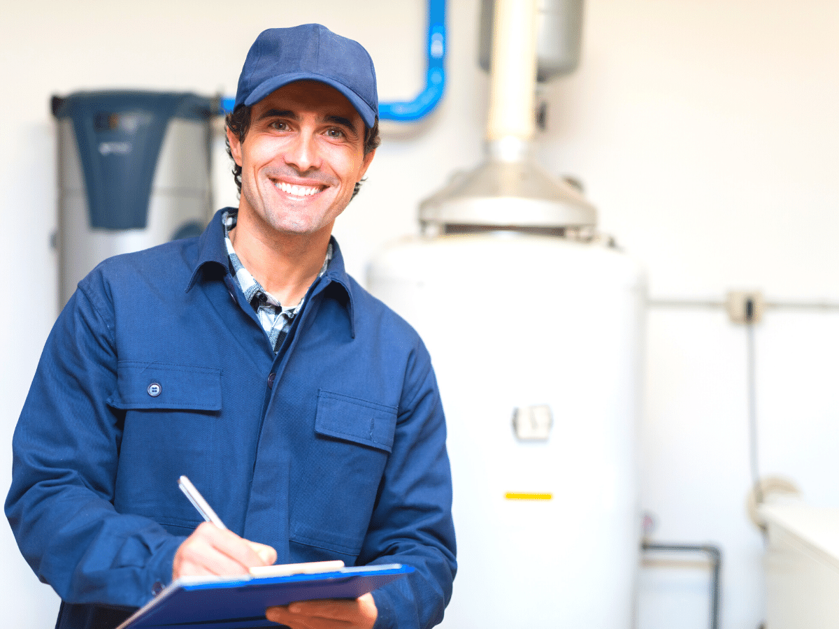 Image of an HVAC tech holding a clipboard standing in front of a heater