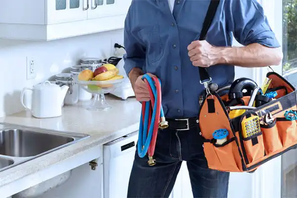 Person standing in a kitchen holding a toolbox and colorful hoses, near a sink with fruit on the counter.