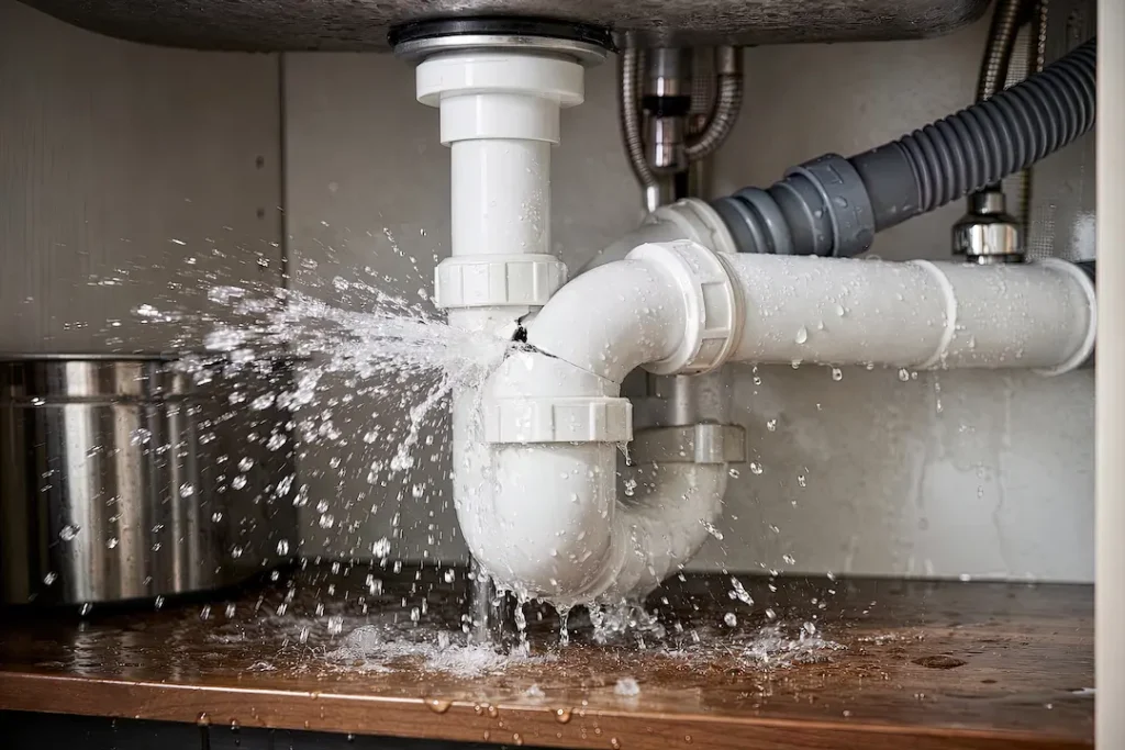 A cracked pipe spraying water